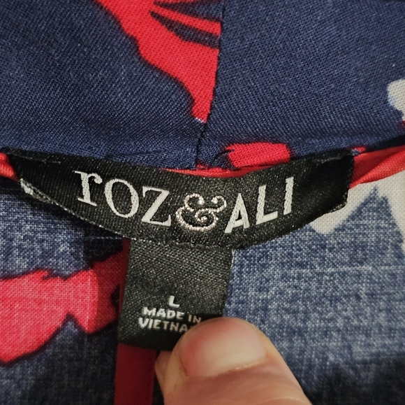 Roz & Ali Blue Red Floral Open Front Blazer L Lightweight Spring Officewear - Picture 4 of 8